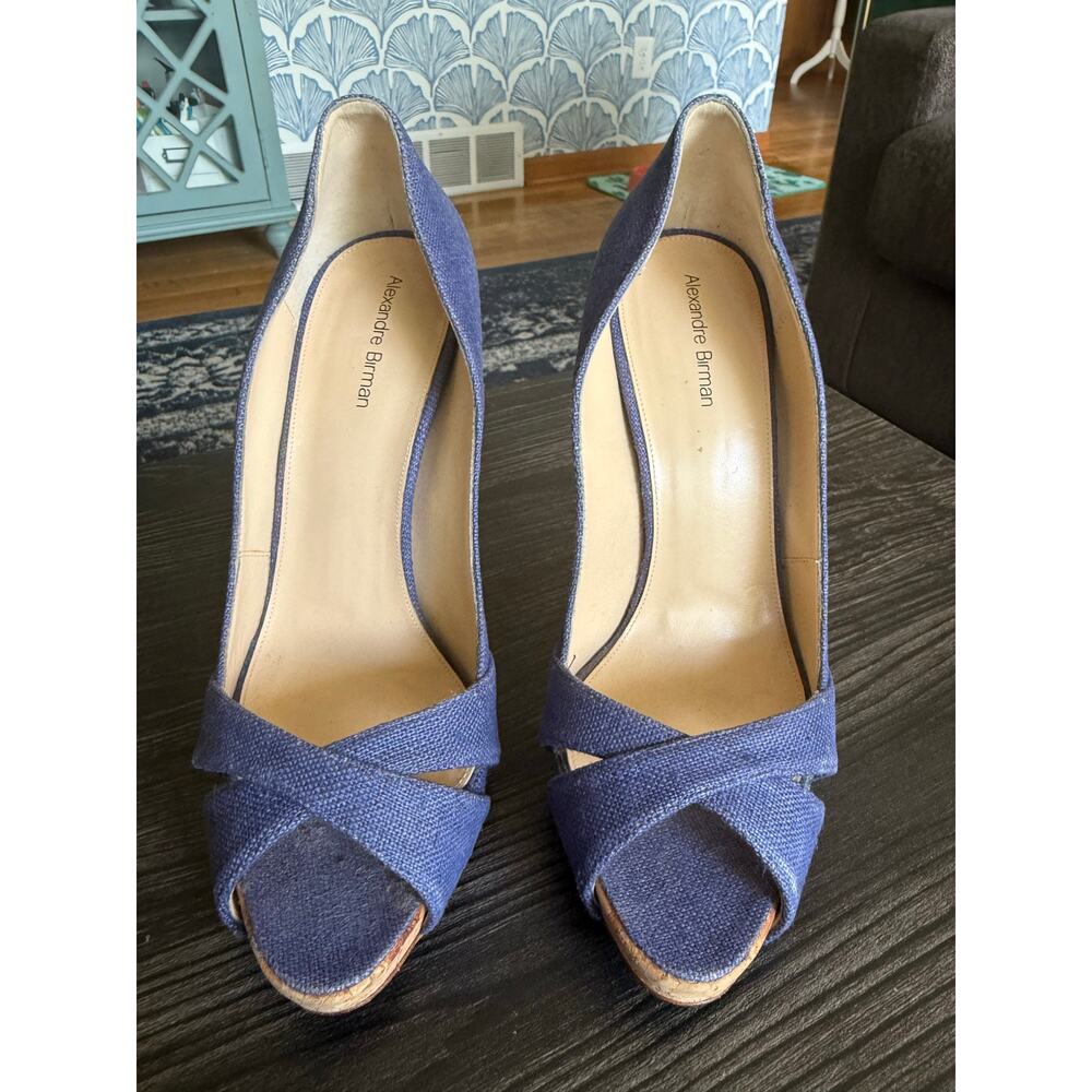 Alexandre Birman Blue Canvas 5’ Cork Stiletto Peep Toe Pumps Sz. 37.5